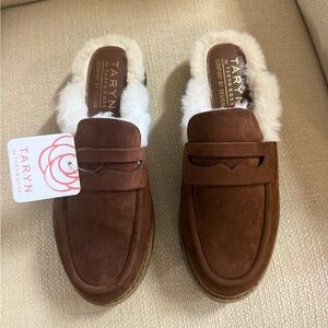 Taryn Rose Chestnut Suede Fur-Lined Mules